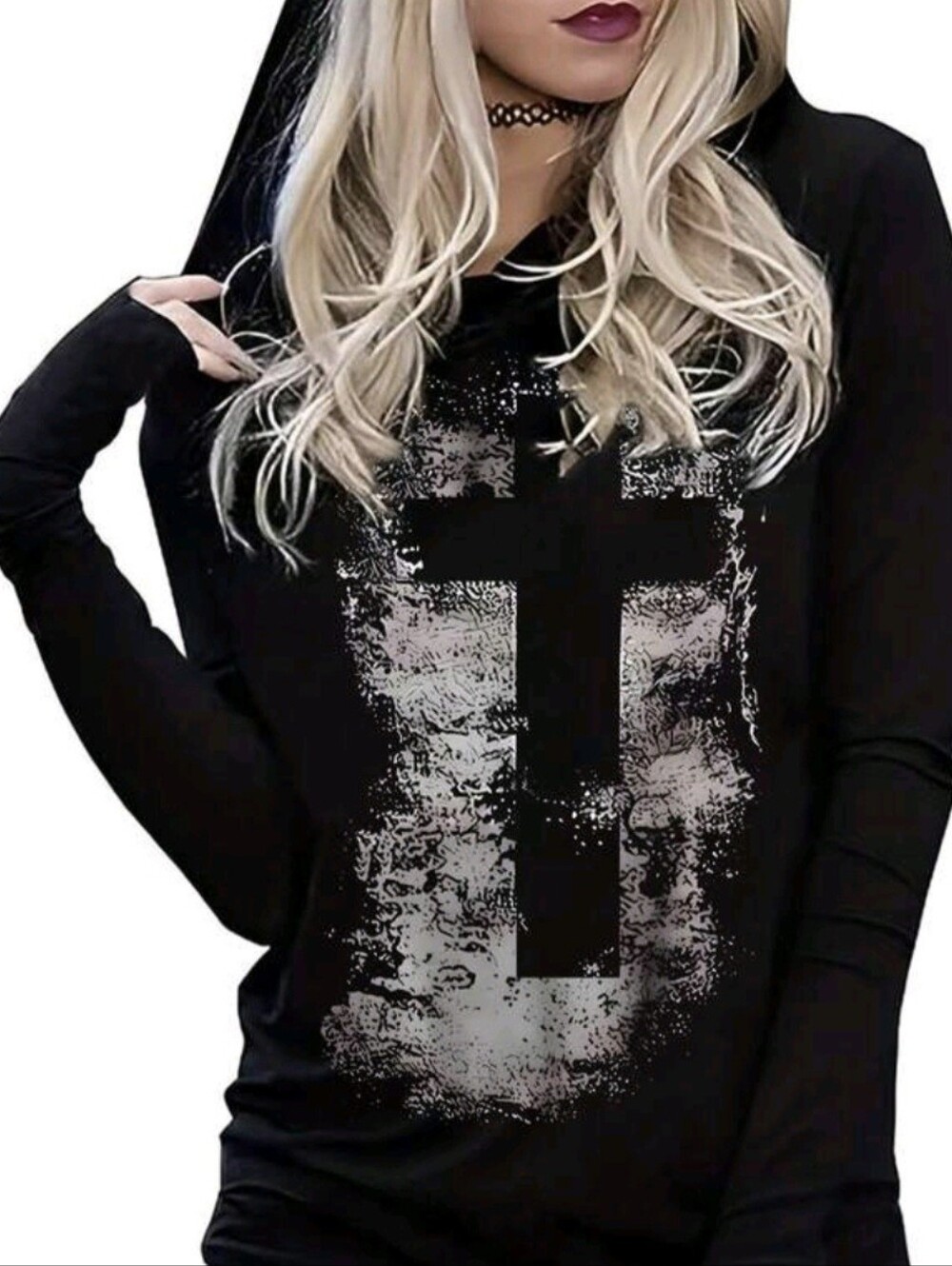 Black Hooded Long-Sleeve Graphic Top with Cross Print